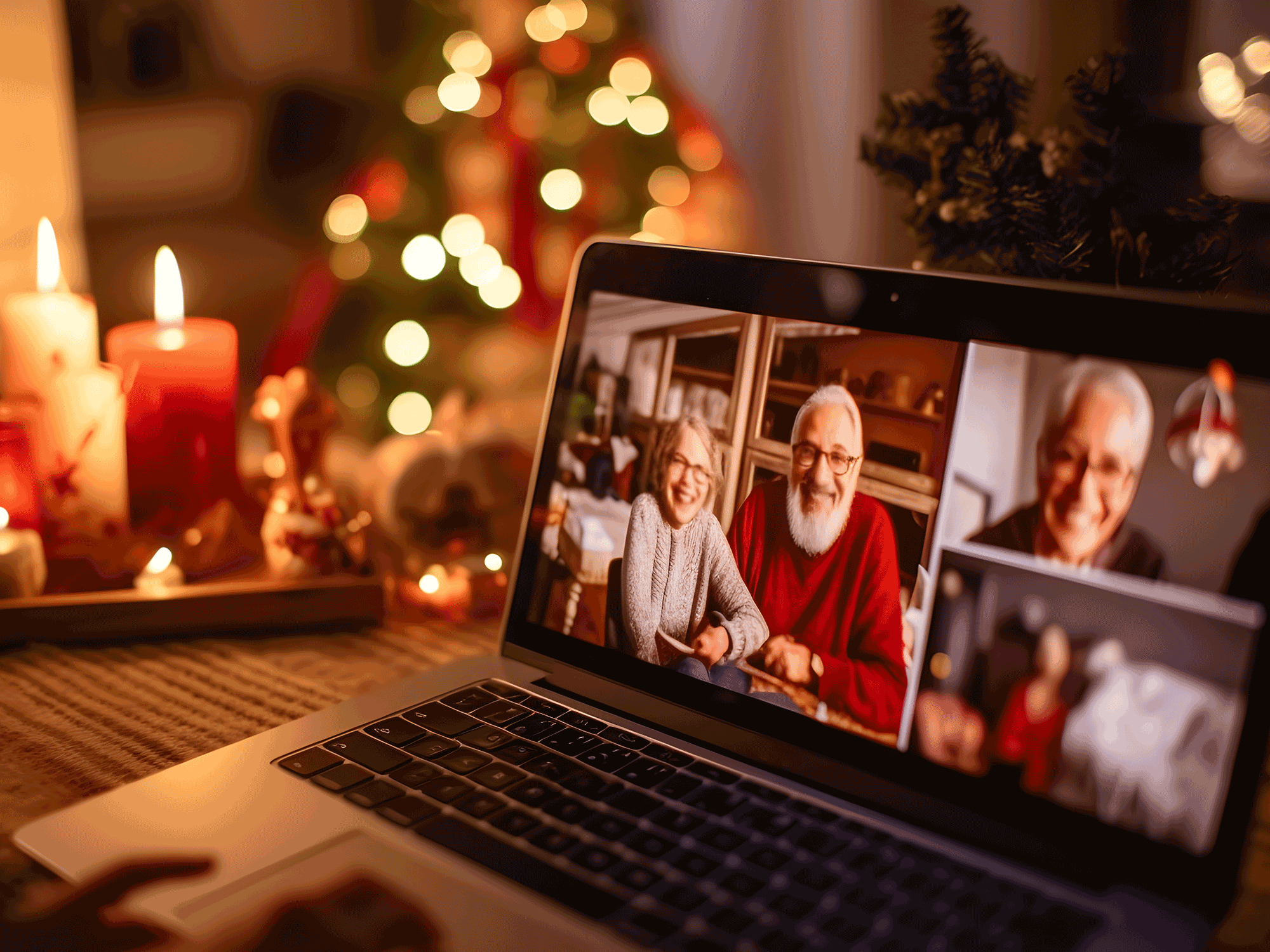 people on a computer screen surrounded by holiday decor in a room
