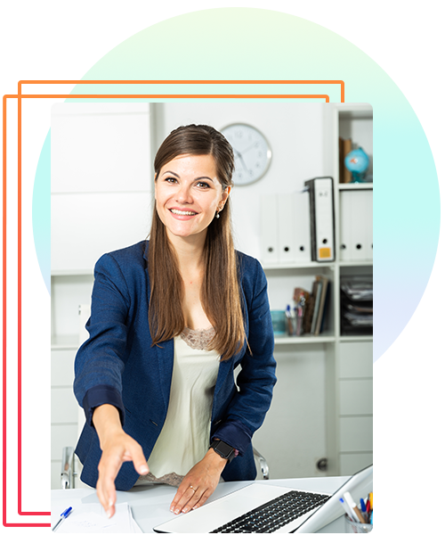 women talking at desk