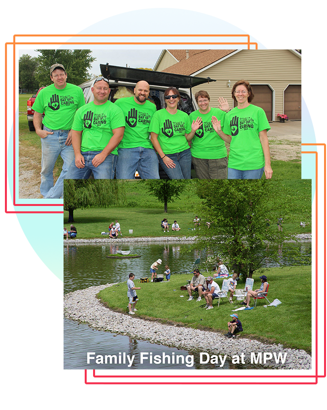 group of people in green shirts and families fishing at MPW pond