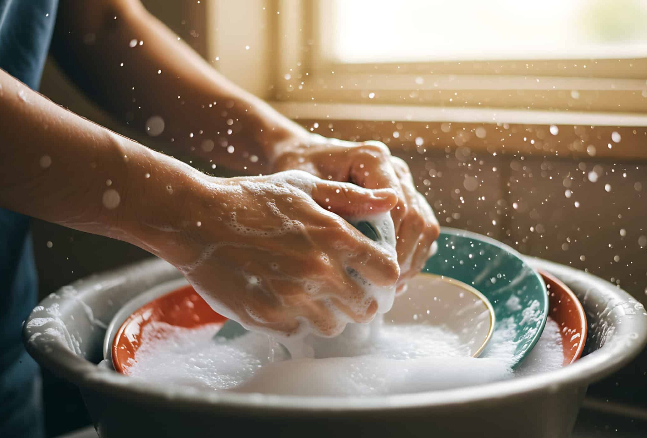 A pair of hands washing dishes in a sink with soap bubbles