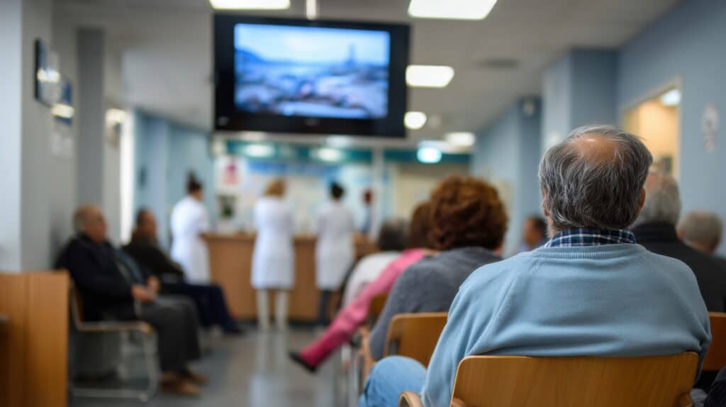 TV in a waiting room of a hospital setting. People seated waiting, TV displayed on the wall. 