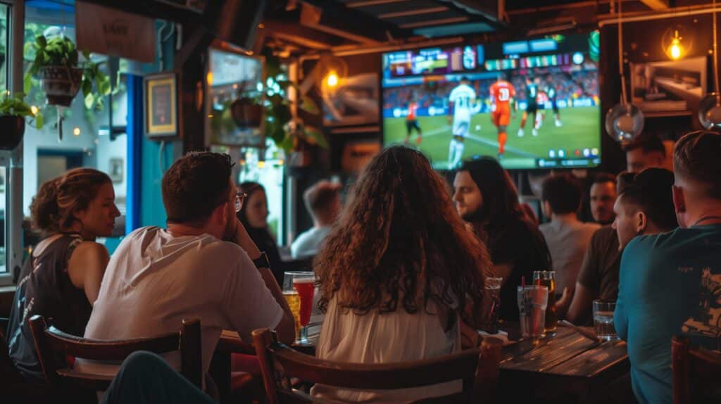 Sports fans watching TV in a restaurant or bar establishment 