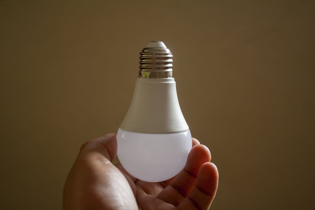 Close-up of a hand holding an energy-efficient LED bulb, emphasizing sustainability and innovation.