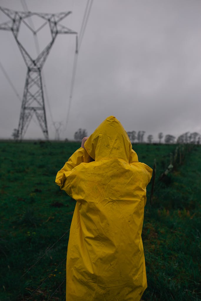 Person in a bright yellow raincoat standing in a field near a powerline on a gloomy day.