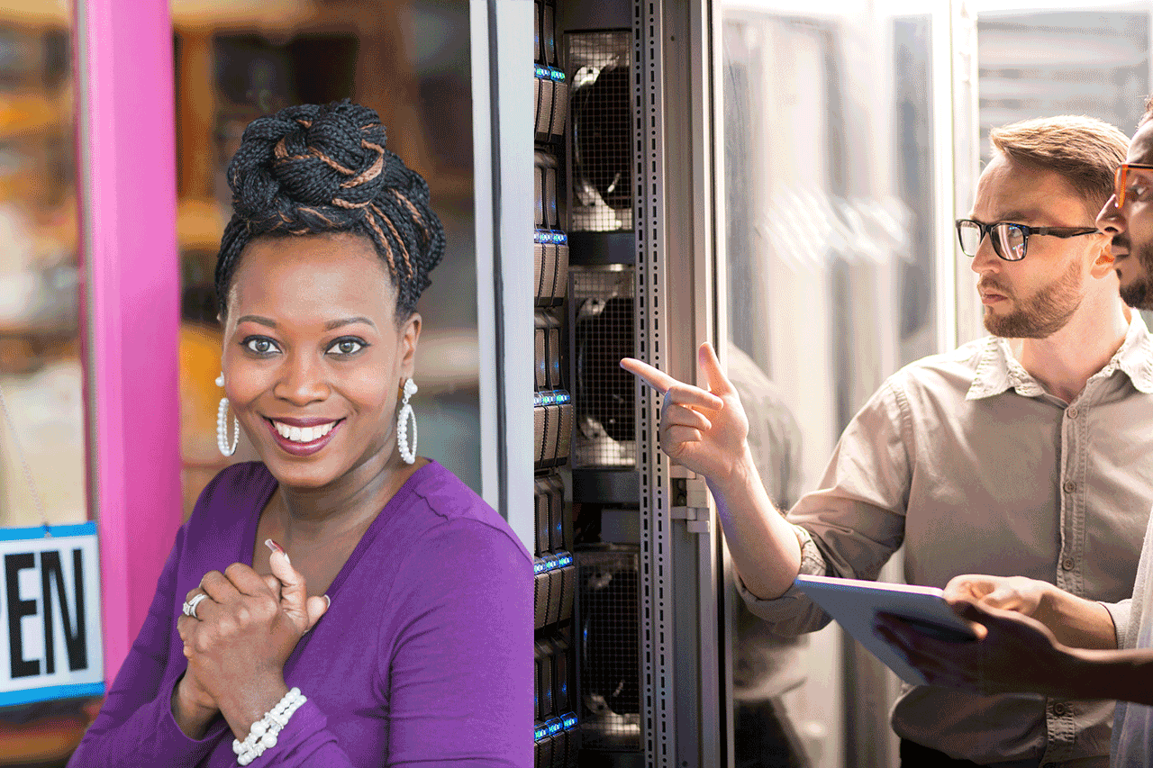 woman in front of store and two men looking at a server