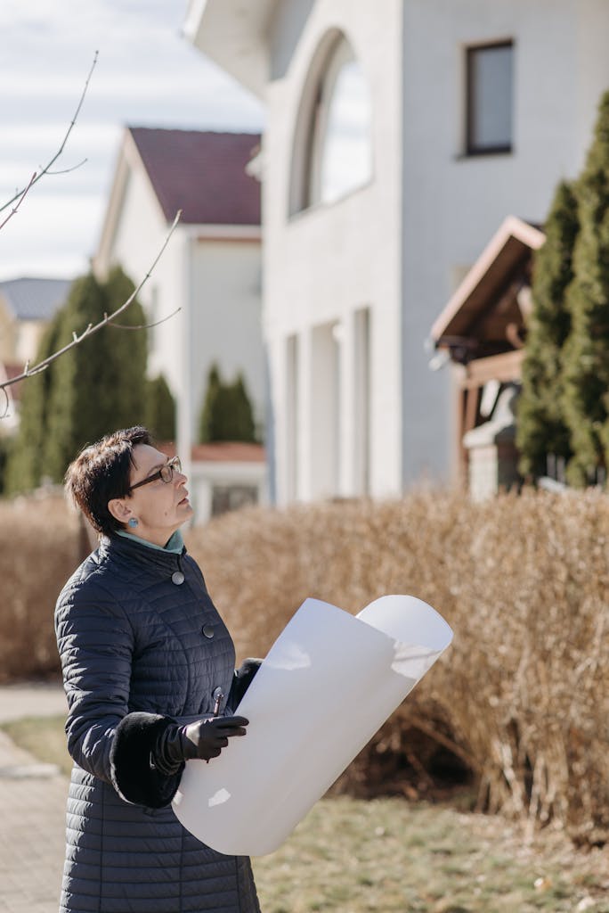 Woman in blue coat holding house plans outside suburban homes in daylight.